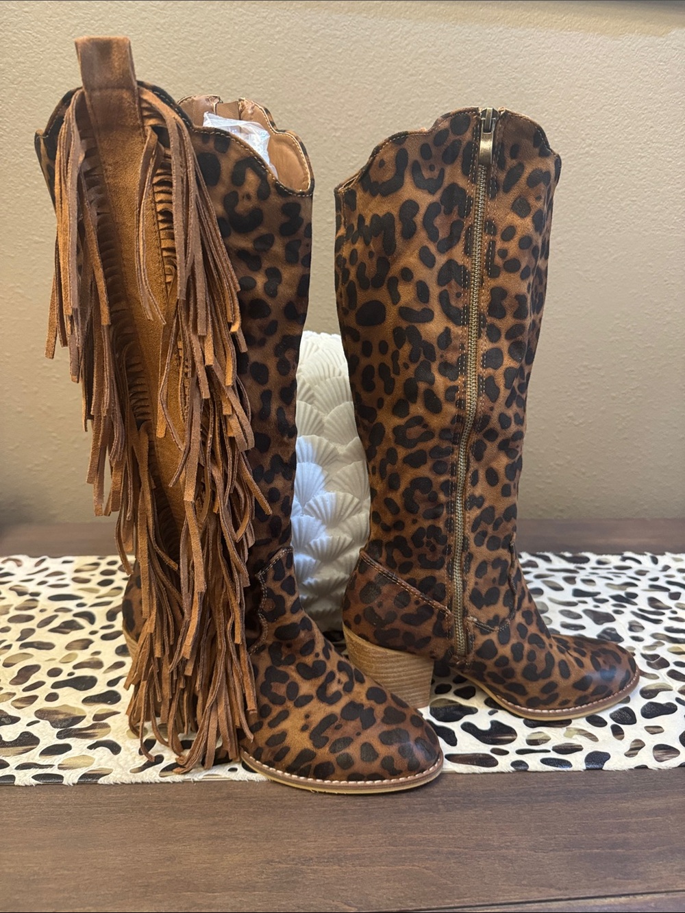 BEAST FASHION Leopard Print Fringe Knee-High Boots - Tan & Black